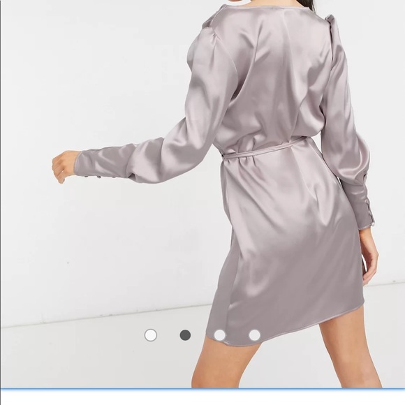 River Island Satin Cowl Neck, Tie Waist Mini Dress in Stone. - Picture 2 of 4